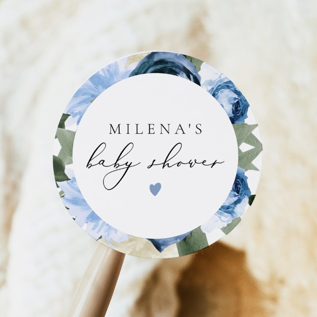 MILENA Dusty Blue Floral Boy Baby Shower Classic Round Sticker (Creator Uploaded)