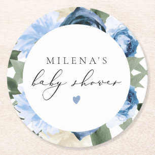 MILENA Dusty Blue Floral Boy Baby Shower Round Paper Coaster