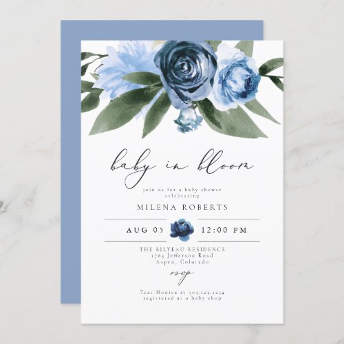 MILENA Dusty Blue Floral Garden Baby Shower Invitation