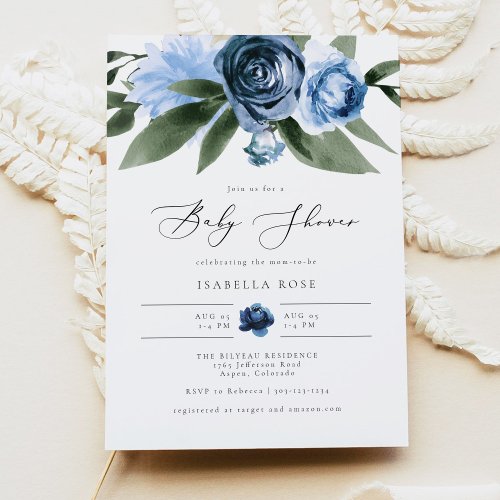 MILENA Dusty Blue Floral Garden Baby Shower Invitation