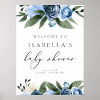 MILENA Dusty Blue Slate Floral Baby Shower Welcome Poster