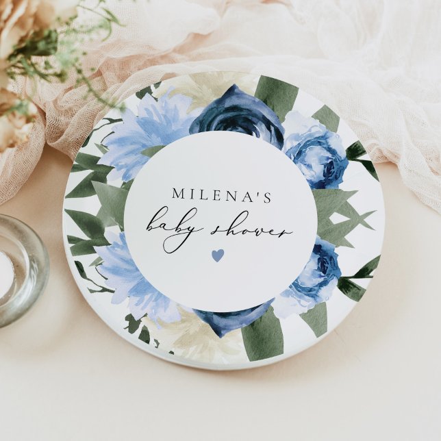MILENA Dusty Blue Slate Floral Boy Baby Shower Paper Plates (Creator Uploaded)