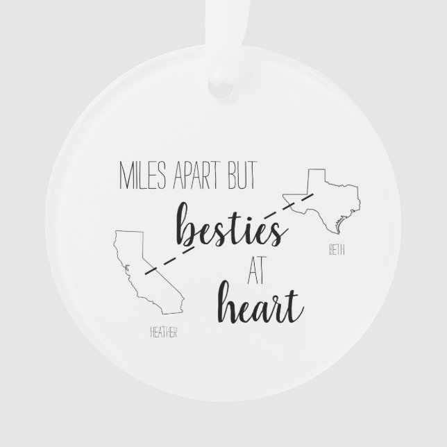 Miles Apart But Besties at Heart Best Friend State Ornament (Front)