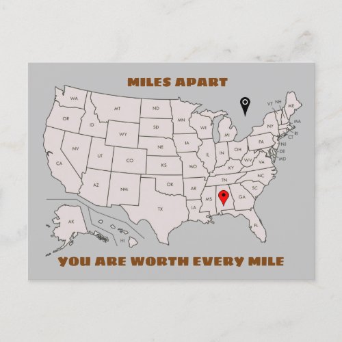 Miles Apart From Alabama to Any State Postcard