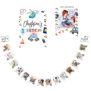 Milestone 1st Birthday Photo Police kids birthday Bunting Flags