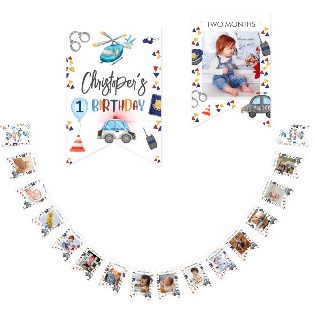Milestone 1st Birthday Photo Police kids birthday Bunting Flags (Creator Uploaded)
