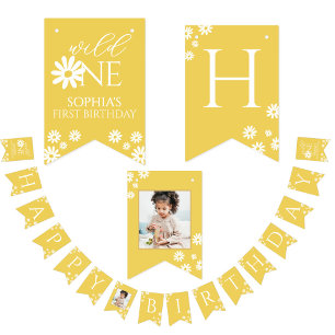 Milestone 1st Birthday Photo White Daisy Bunting Flags