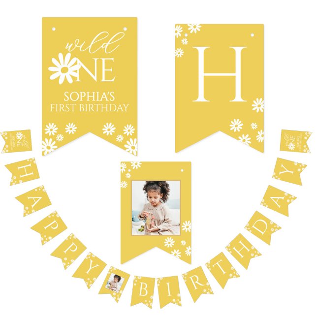 Milestone 1st Birthday Photo White Daisy Bunting Flags (Creator Uploaded)