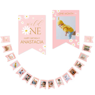 Milestone 1st Birthday Pink Photo White Daisy Bunting Flags