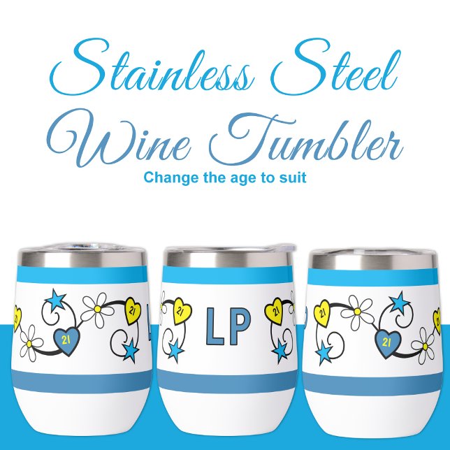 Milestone 21st birthday initials blue yellow thermal wine tumbler (Creator Uploaded)