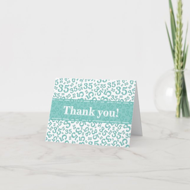 Milestone 35 Random Number Pattern Teal/White Letterpress Thank You Card (Front)