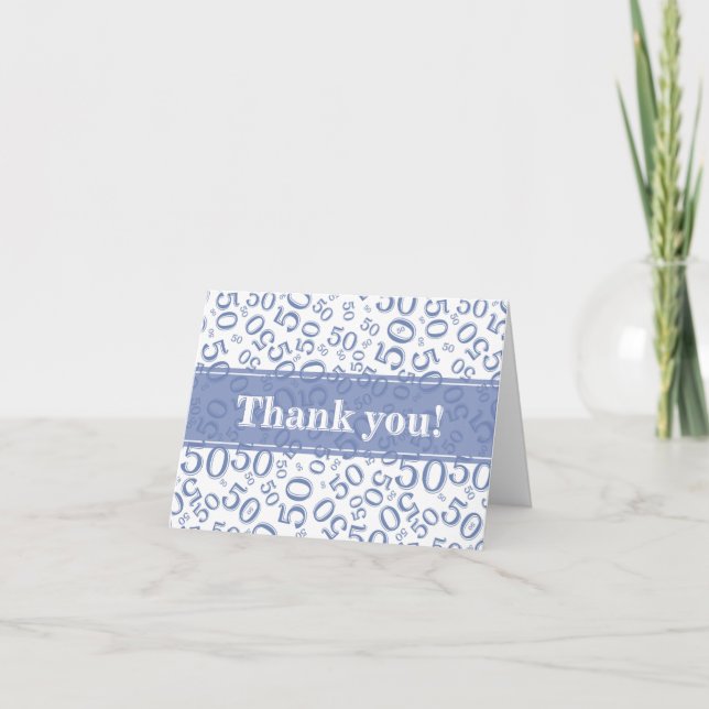 Milestone 50 Random Number Pattern Blue/White Letterpress Thank You Card (Front)