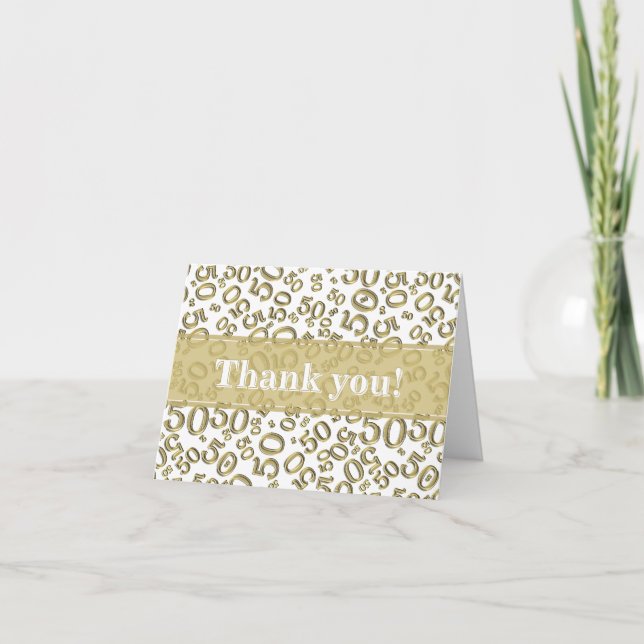 Milestone 50 Random Number Pattern Gold/White Letterpress Thank You Card (Front)