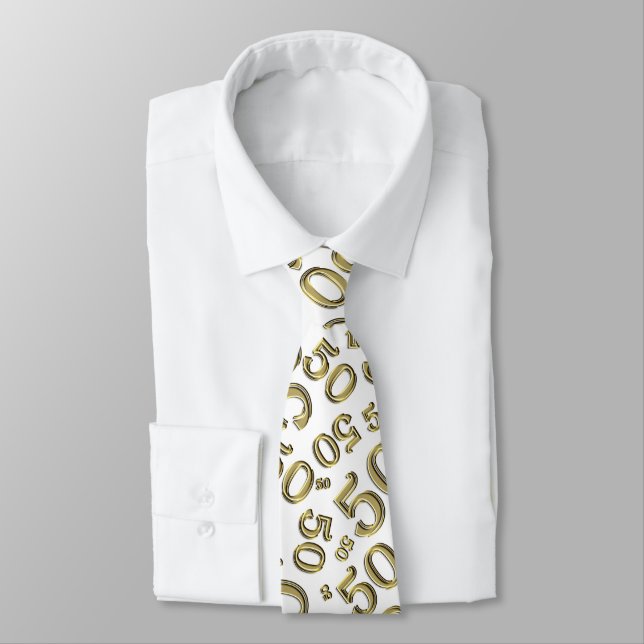 Milestone 50 Random Number Pattern Gold/White Neck Tie (Tied)