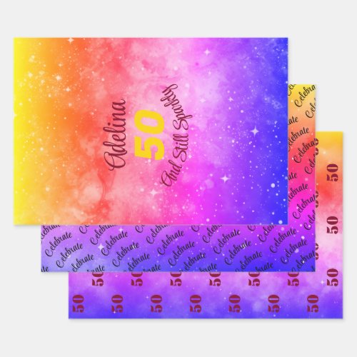Milestone 50th Birthday Pink Purple Yellow Wrapping Paper Sheets
