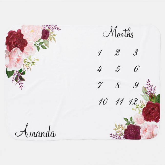 Milestone Baby Blanket Floral Pink  Keepsake (Horizontal)