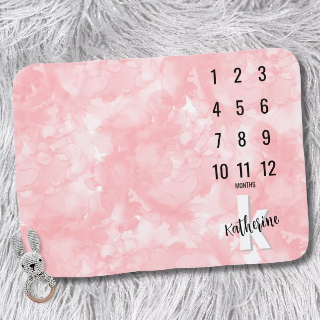 Milestone Baby Girl Blanket (Girl Watercolor Pink Monogram Monthly Milestone baby blanket)