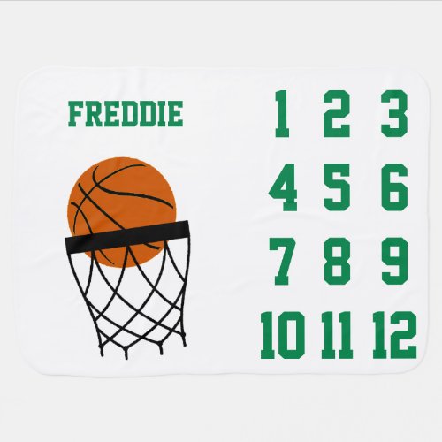 Milestone Basketball Green and White Personalized Baby Blanket