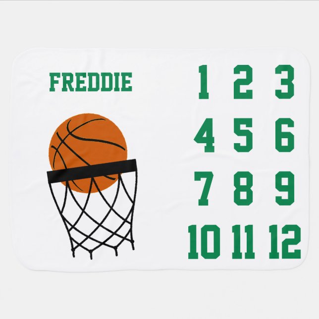 Milestone Basketball Green and White Personalized Baby Blanket (Horizontal)