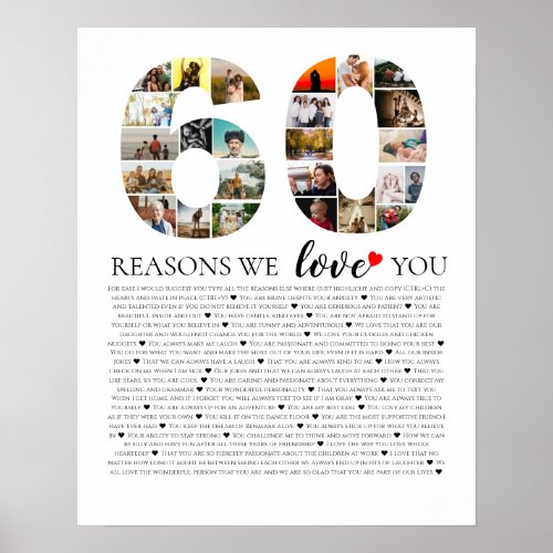milestone birthday 60 reasons we love you wedding poster