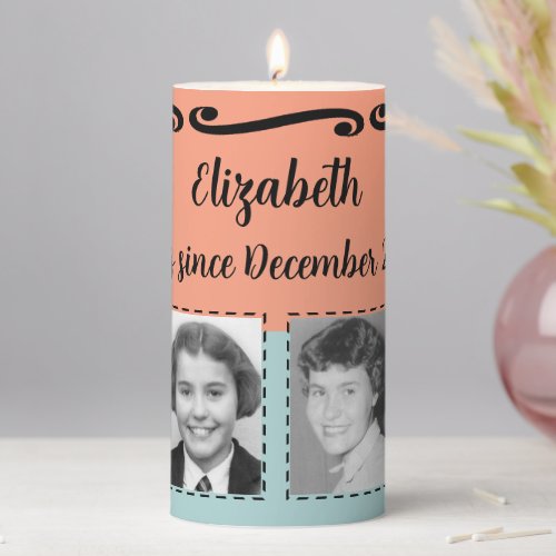 Milestone Birthday add photos name date coral Pillar Candle