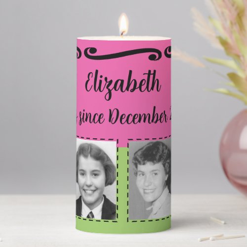 Milestone Birthday add photos name date green pink Pillar Candle