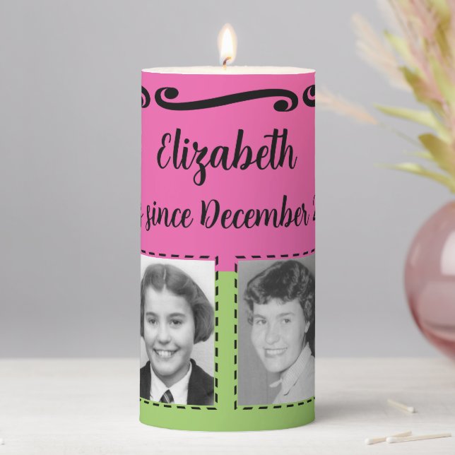 Milestone Birthday add photos name date green pink Pillar Candle (In Situ)