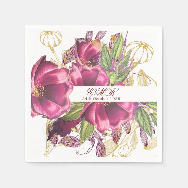 Milestone Birthday Burgundy Floral Elegant Chic Napkins (Front)