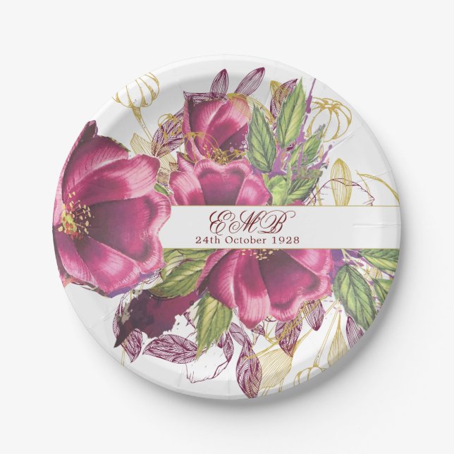 Milestone Birthday Burgundy Floral Elegant Chic Paper Plates (Front)