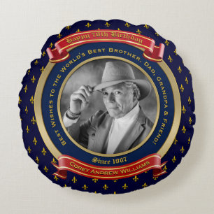 Milestone Birthday Gold Photo 70th Seventy Blue Round Pillow