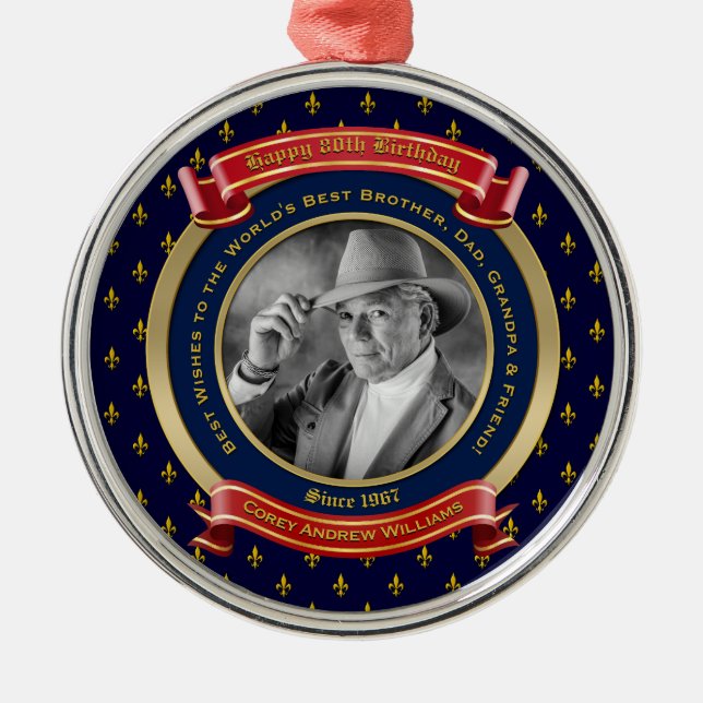 Milestone Birthday Gold Photo 80th Eighty Blue Red Metal Ornament (Front)