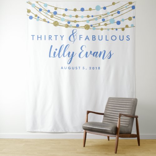 milestone birthday party banner blue and gold tapestry