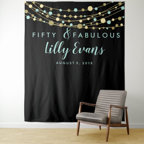 milestone birthday party banner teal and gold 50th tapestry