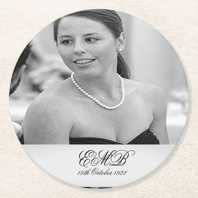 Milestone Birthday Photo Elegant Black White Round Paper Coaster (Front)