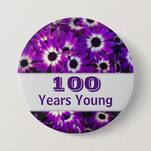 Milestone Birthday Purple Flower Photo Floral Button (Front)