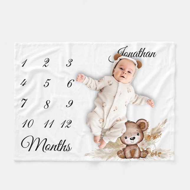 Milestone Boho Baby Bear Pampas Grass  Fleece Blanket (Creator Uploaded)