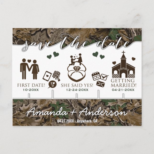 Milestone Camo Rustic Timeline Save the Date Cards (Front)