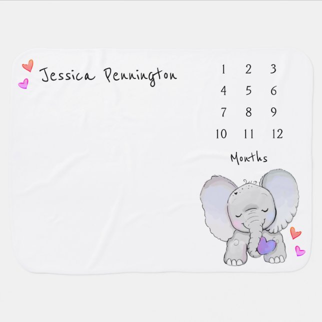 Milestone Elephant and Hearts Baby Blanket (Horizontal)