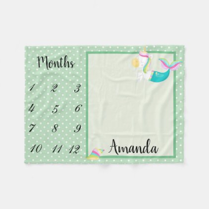 Milestone Green Mermaid Unicorn Polka Dot Keepsake Fleece Blanket