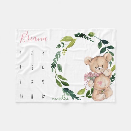 Milestone growth tracker _ Teddy bear and greenery Fleece Blanket