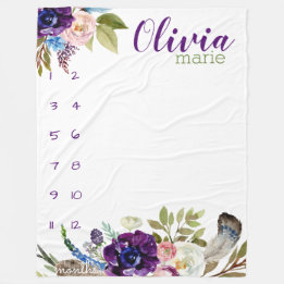 Milestone growth tracker watercolor purple flowers fleece blanket