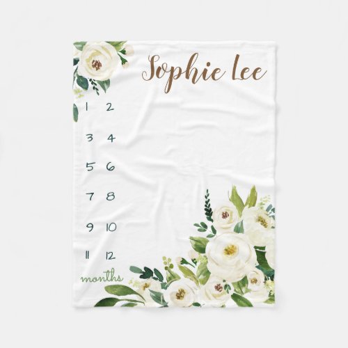 Milestone growth tracker watercolor white roses fleece blanket