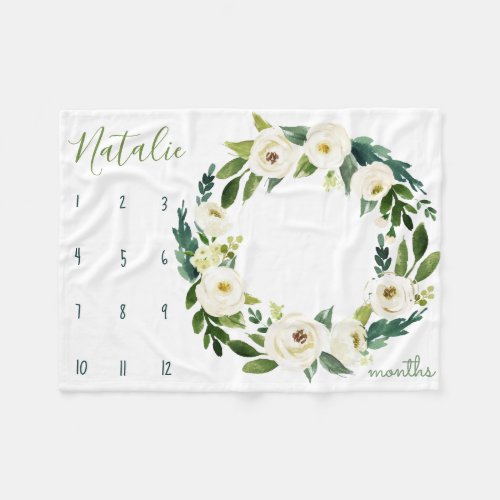 Milestone growth tracker _ White and green blooms Fleece Blanket