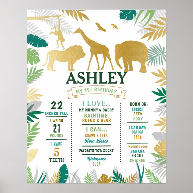 Milestone Jungle Poster 1st Wild Gold Girl Boy (Front)