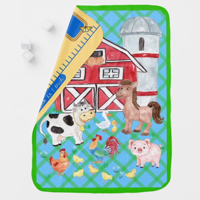 Milestone Monthly Farm Animals Gingham Blue Green  Baby Blanket (In Situ)