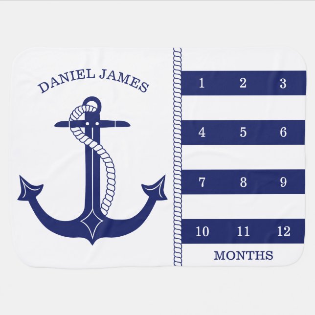 Milestone Nautical Anchor Blue Stripes Photo Prop Baby Blanket (Horizontal)