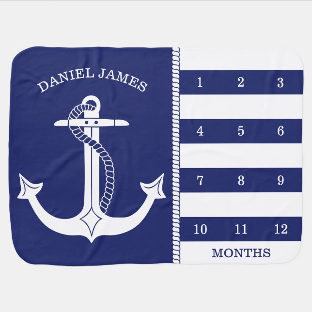 Milestone Nautical Anchor Blue Stripes Photo Prop Baby Blanket (Horizontal)