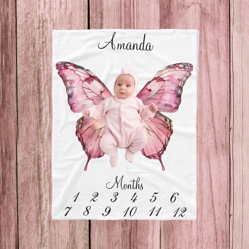 Milestone Pink Butterfly Wings Baby Keepsake Fleece Blanket