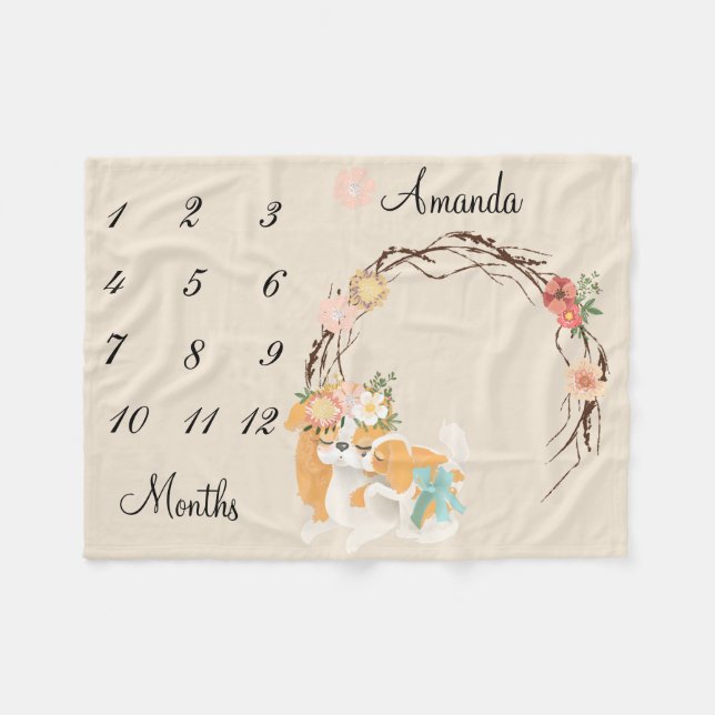 Milestone Pink  Mama Dog Puppy Baby Keepsake Fleece Blanket (Front (Horizontal))