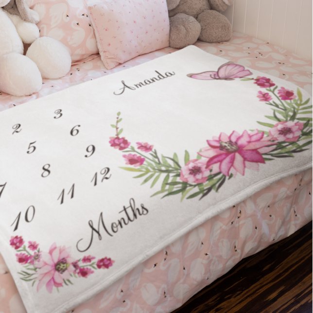 Milestone Pink Watercolor Wreath Baby Keepsake Fleece Blanket (Creator Uploaded)
